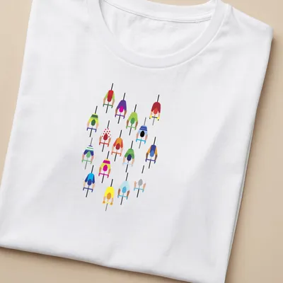Illustration of cyclists with 'The Peloton' text in vibrant colors. — printed on a women's shirt