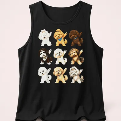 Cute cartoon puppies in dabbing poses on a — printed on a tank top