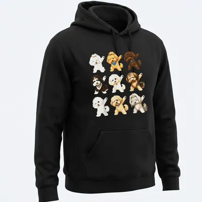 Cute cartoon puppies in dabbing poses on a — printed on a unisex hoodie