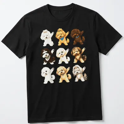 Cute cartoon puppies in dabbing poses on a — printed on a unisex t-shirt