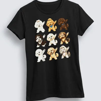 Cute cartoon puppies in dabbing poses on a — printed on a women's shirt