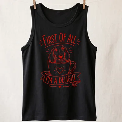 Red line-art design featuring a Dachshund and the phrase 'First of All I'm A Delight' — printed on a tank top