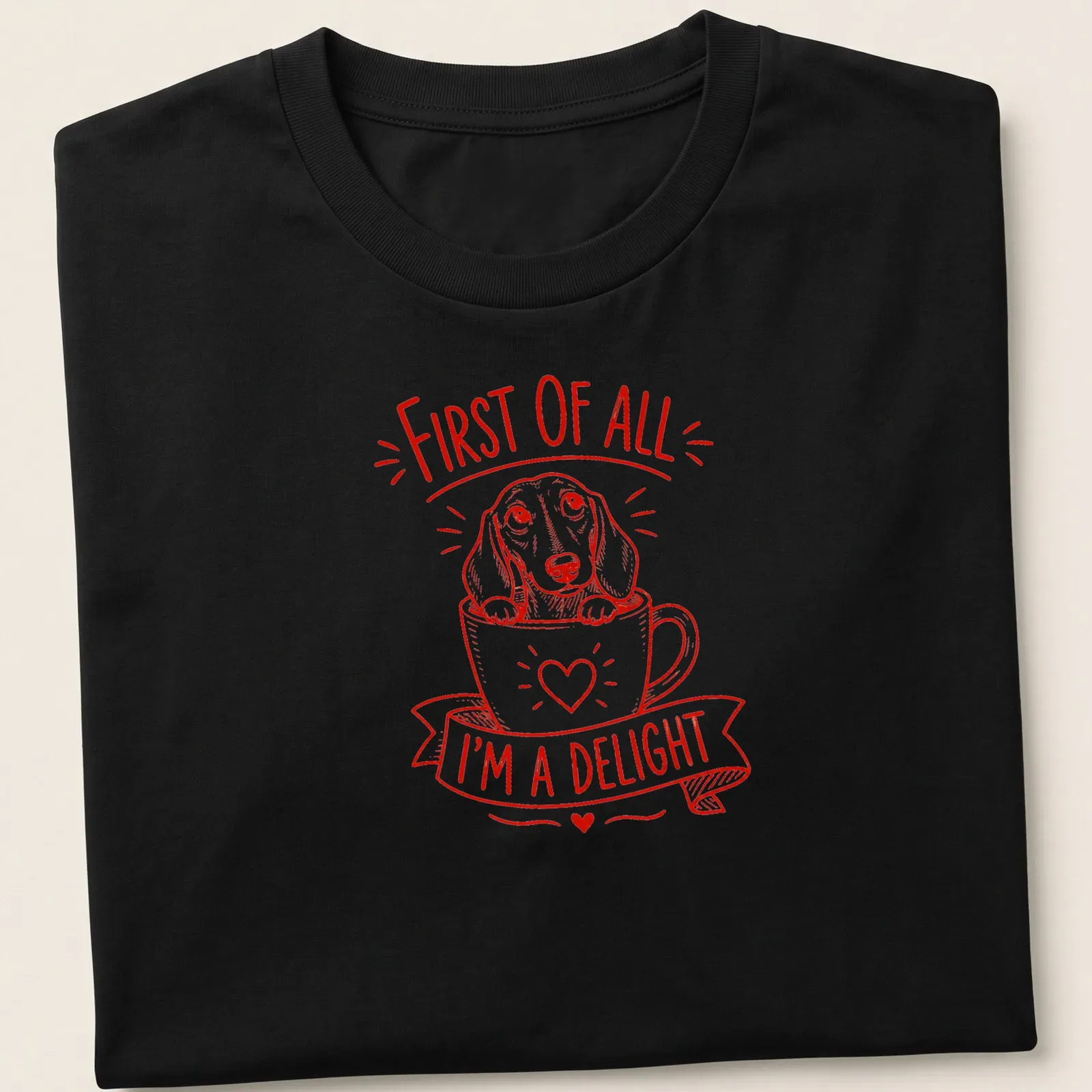 Red line-art design featuring a Dachshund and the phrase 'First of All I'm A Delight' — printed on a unisex t-shirt