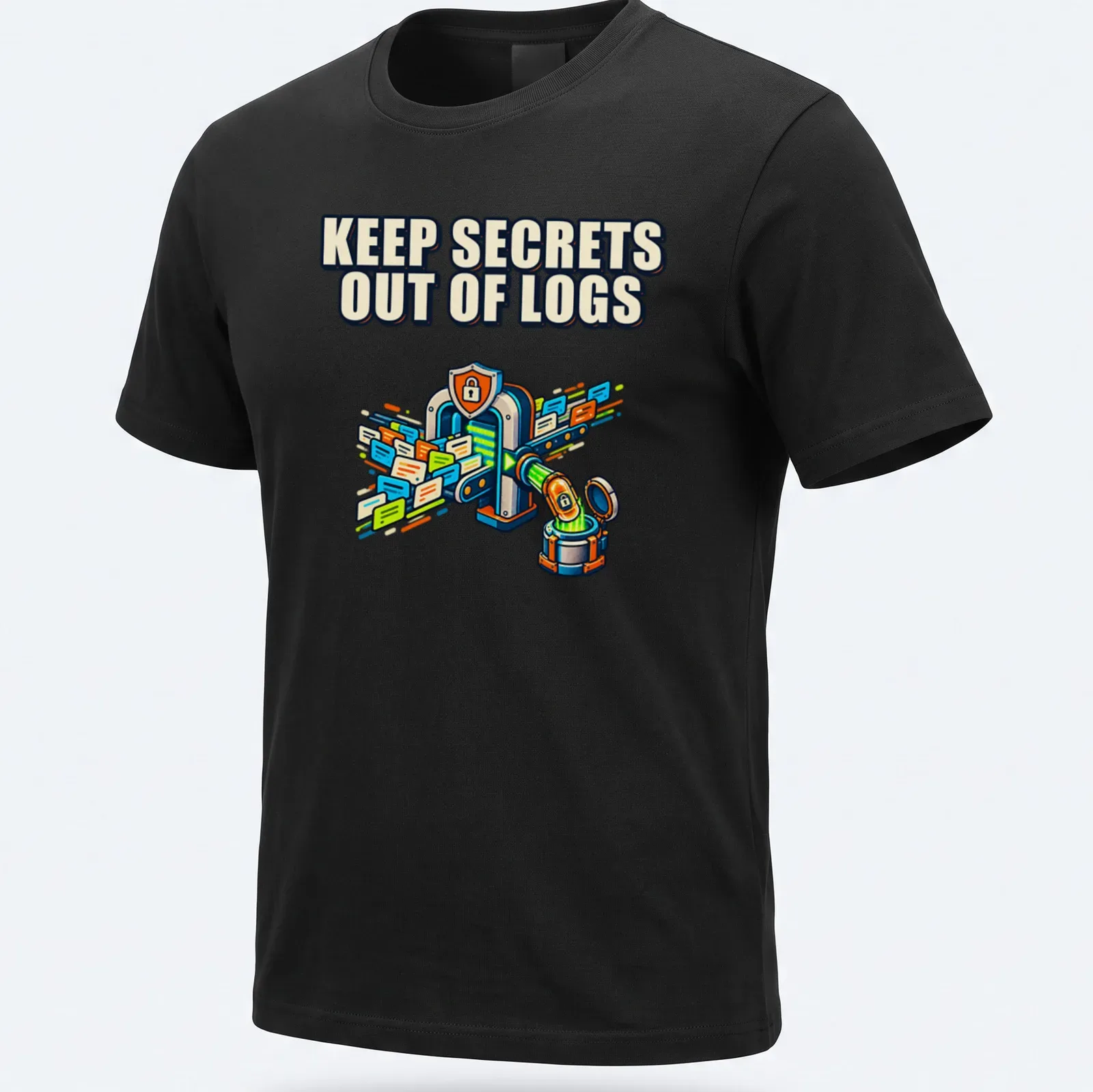 Colorful cartoon design featuring a lock and logs with data security text — printed on a unisex t-shirt