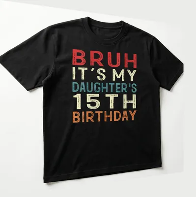 Funny retro shirt for daughter's 15th birthday with colorful text — printed on a unisex t-shirt (angled view)