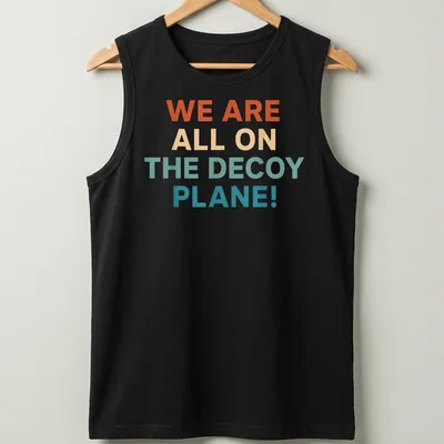 Colorful decoy plane graphic with bold text proclaiming we are all on the decoy plane — printed on a tank top