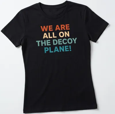 Colorful decoy plane graphic with bold text proclaiming we are all on the decoy plane — printed on a women's shirt