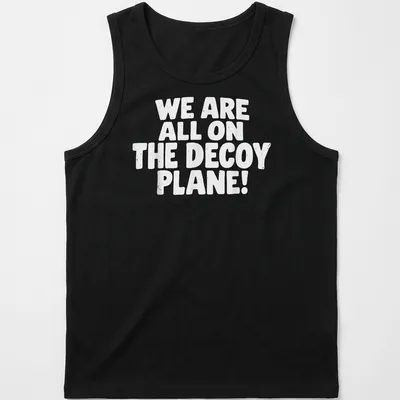 Bold typography shirt with the text 'WE ARE ALL ON THE DECOY PLANE!' — printed on a tank top