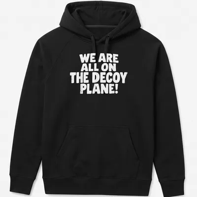 Bold typography shirt with the text 'WE ARE ALL ON THE DECOY PLANE!' — printed on a unisex hoodie
