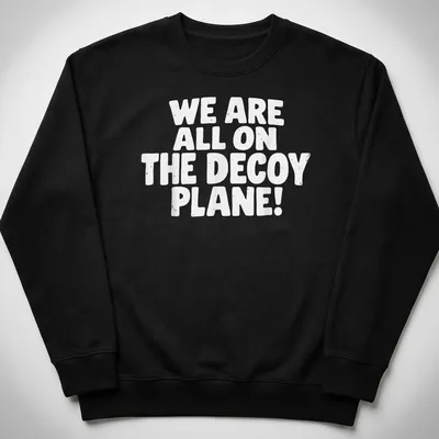 Bold typography shirt with the text 'WE ARE ALL ON THE DECOY PLANE!' — printed on a unisex sweatshirt