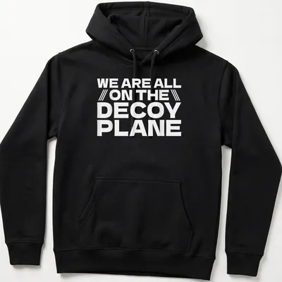 Bold typography t-shirt with the phrase We Are All On The Decoy Plane in white. — printed on a unisex hoodie
