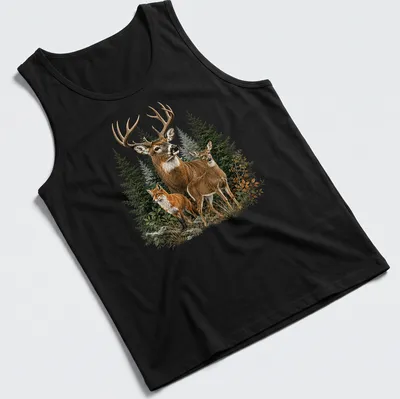 Realistic illustration of a deer and fox in nature, featuring earthy colors. — printed on a tank top