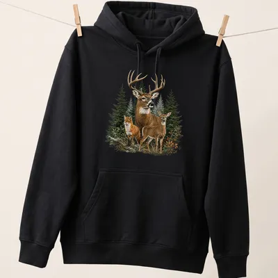 Realistic illustration of a deer and fox in nature, featuring earthy colors. — printed on a unisex hoodie