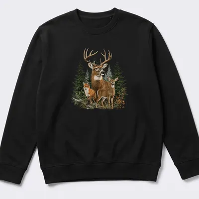 Realistic illustration of a deer and fox in nature, featuring earthy colors. — printed on a unisex sweatshirt