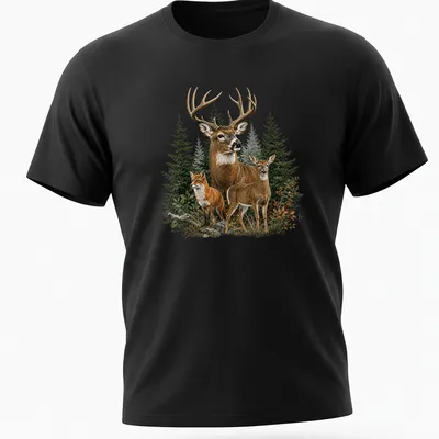 Realistic illustration of a deer and fox in nature, featuring earthy colors.