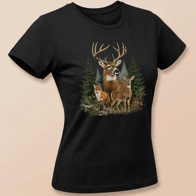 Realistic illustration of a deer and fox in nature, featuring earthy colors. — printed on a women's shirt
