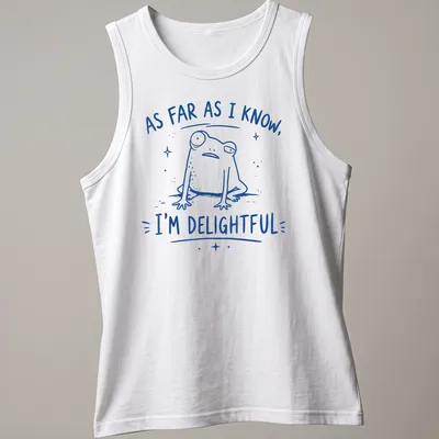 Kawaii frog graphic with the text 'As far as I know, I'm delightful' in blue and white — printed on a tank top