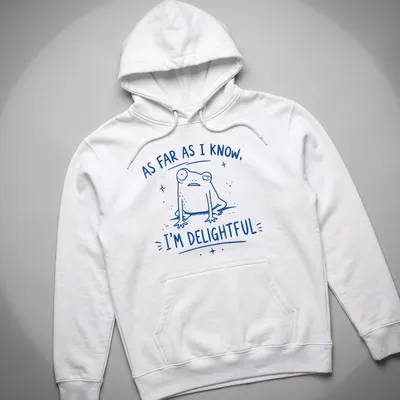 Kawaii frog graphic with the text 'As far as I know, I'm delightful' in blue and white — printed on a unisex hoodie