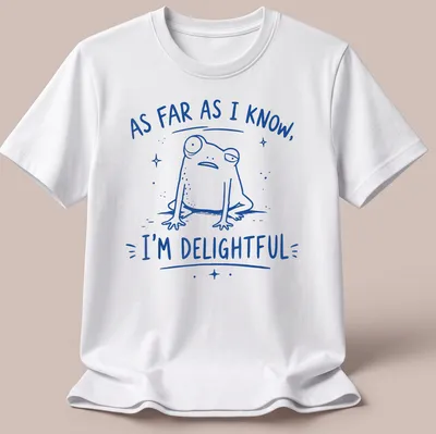 Kawaii frog graphic with the text 'As far as I know, I'm delightful' in blue and white