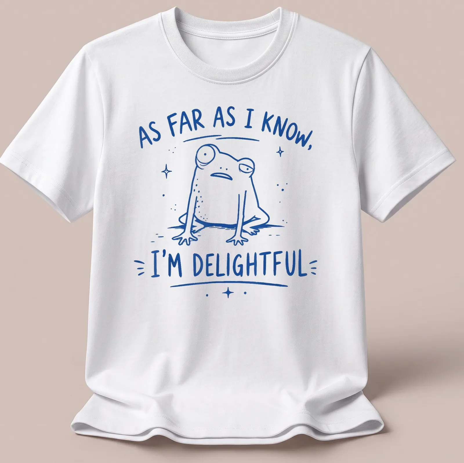 Kawaii frog graphic with the text 'As far as I know, I'm delightful' in blue and white — printed on a unisex t-shirt
