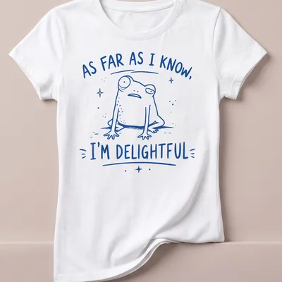 Kawaii frog graphic with the text 'As far as I know, I'm delightful' in blue and white — printed on a women's shirt