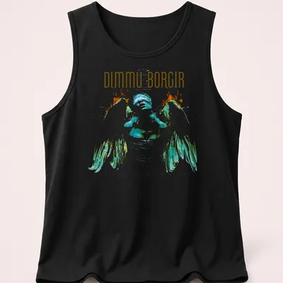 Artistic illustration of an angel with Dimmu Borgir text in gold and colors — printed on a tank top