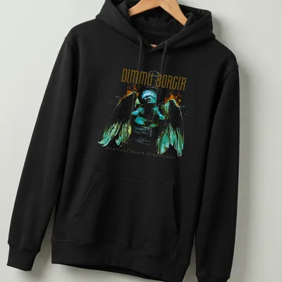 Artistic illustration of an angel with Dimmu Borgir text in gold and colors — printed on a unisex hoodie