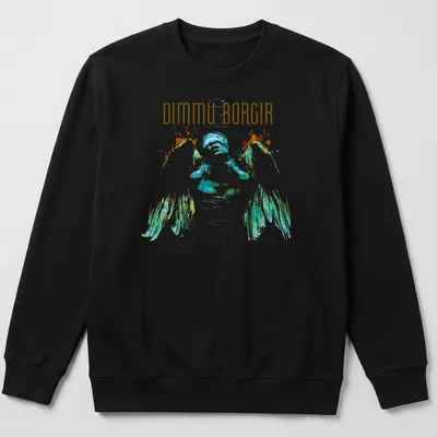 Artistic illustration of an angel with Dimmu Borgir text in gold and colors — printed on a unisex sweatshirt