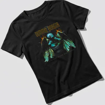 Artistic illustration of an angel with Dimmu Borgir text in gold and colors — printed on a women's shirt