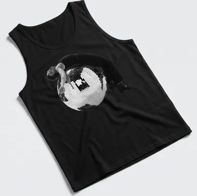 Retro music t-shirt featuring a disco ball in black, white, and silver — printed on a tank top