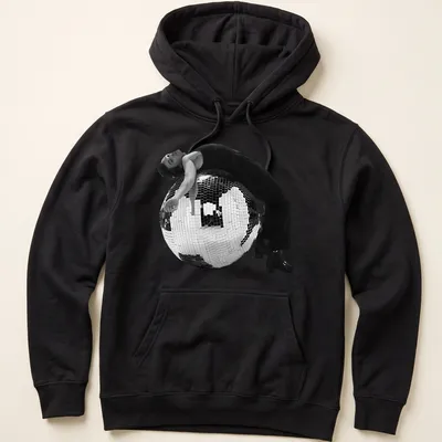 Retro music t-shirt featuring a disco ball in black, white, and silver — printed on a unisex hoodie