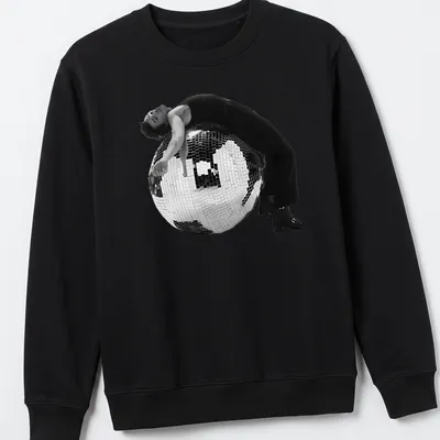 Retro music t-shirt featuring a disco ball in black, white, and silver — printed on a unisex sweatshirt