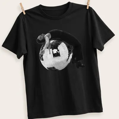 Retro music t-shirt featuring a disco ball in black, white, and silver