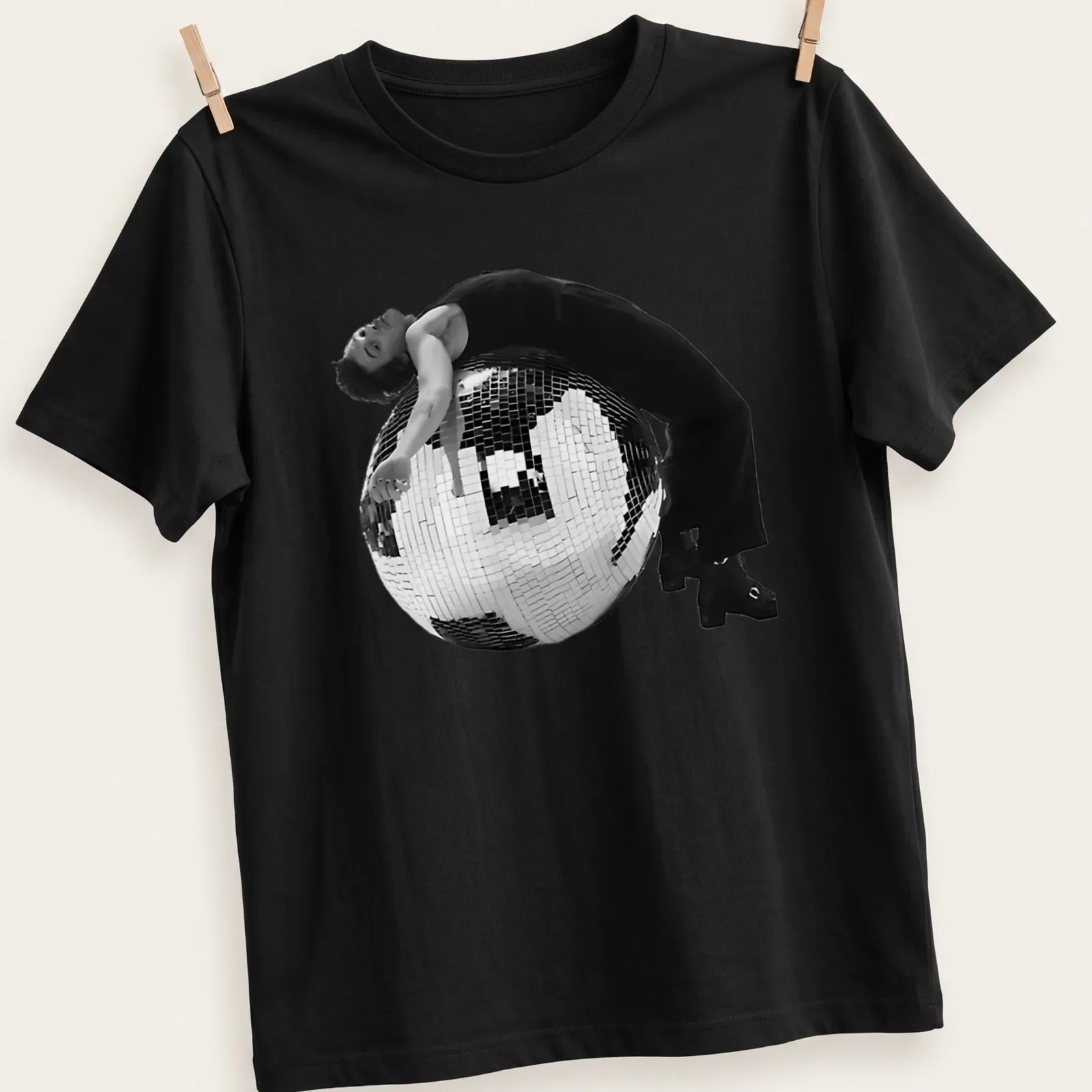 Retro music t-shirt featuring a disco ball in black, white, and silver — printed on a unisex t-shirt