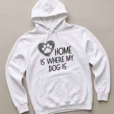 Bold typography t-shirt featuring a dog paw print and the phrase about dogs and home — printed on a unisex hoodie