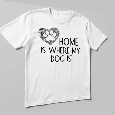 Bold typography t-shirt featuring a dog paw print and the phrase about dogs and home — printed on a unisex t-shirt (angled view)