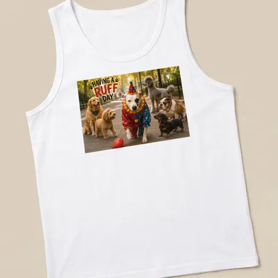 Colorful illustration of dogs in clown costumes with humorous text — printed on a tank top