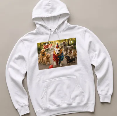 Colorful illustration of dogs in clown costumes with humorous text — printed on a unisex hoodie
