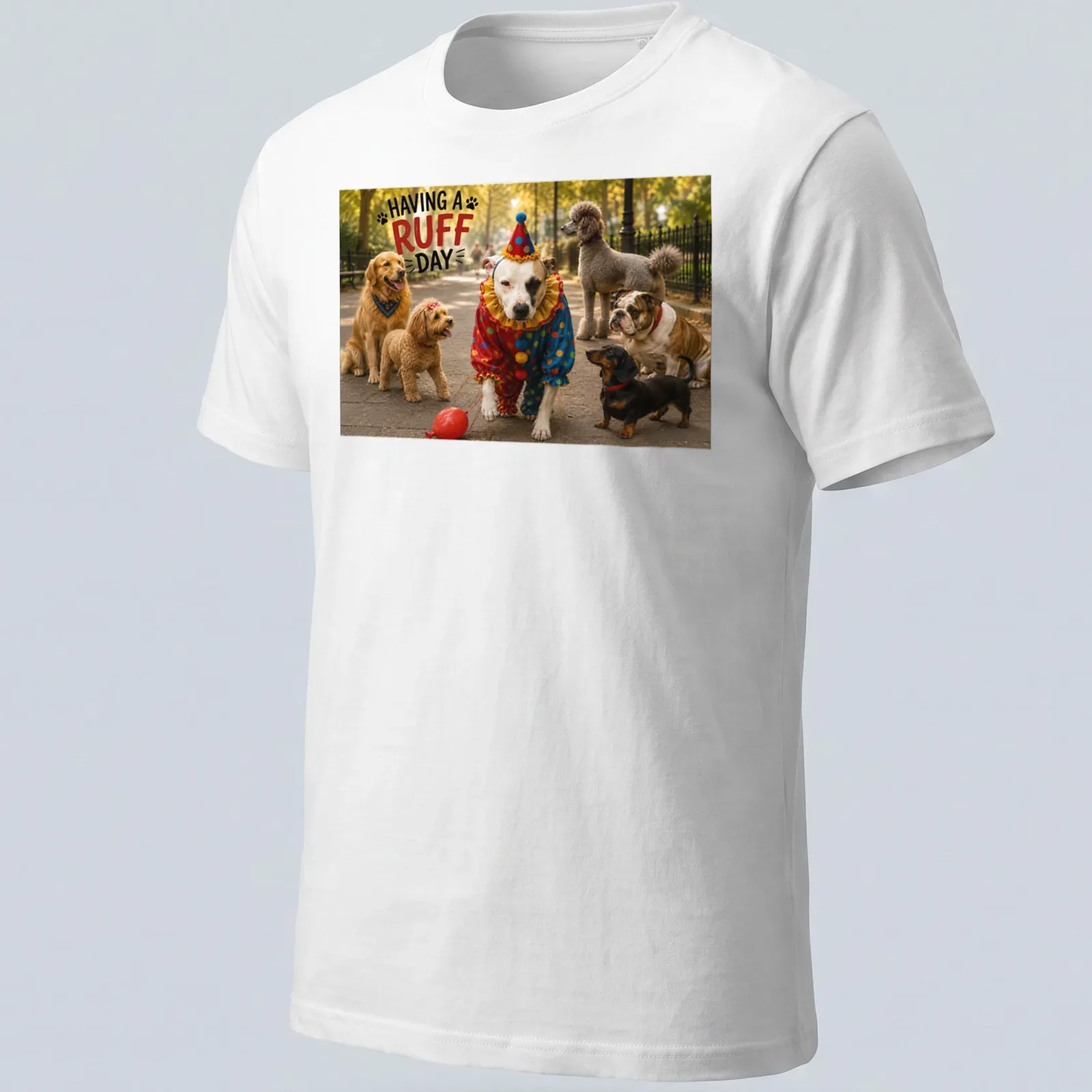 Colorful illustration of dogs in clown costumes with humorous text — printed on a unisex t-shirt