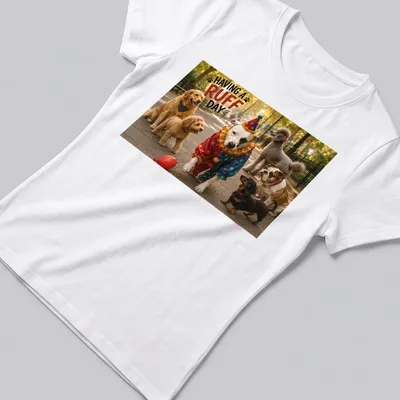 Colorful illustration of dogs in clown costumes with humorous text — printed on a women's shirt