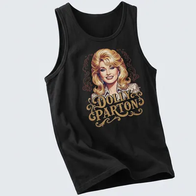 Elegant portrait of Dolly Parton with her name in stylish lettering — printed on a tank top