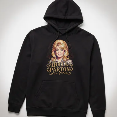 Elegant portrait of Dolly Parton with her name in stylish lettering — printed on a unisex hoodie