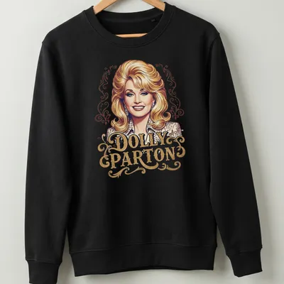 Elegant portrait of Dolly Parton with her name in stylish lettering — printed on a unisex sweatshirt