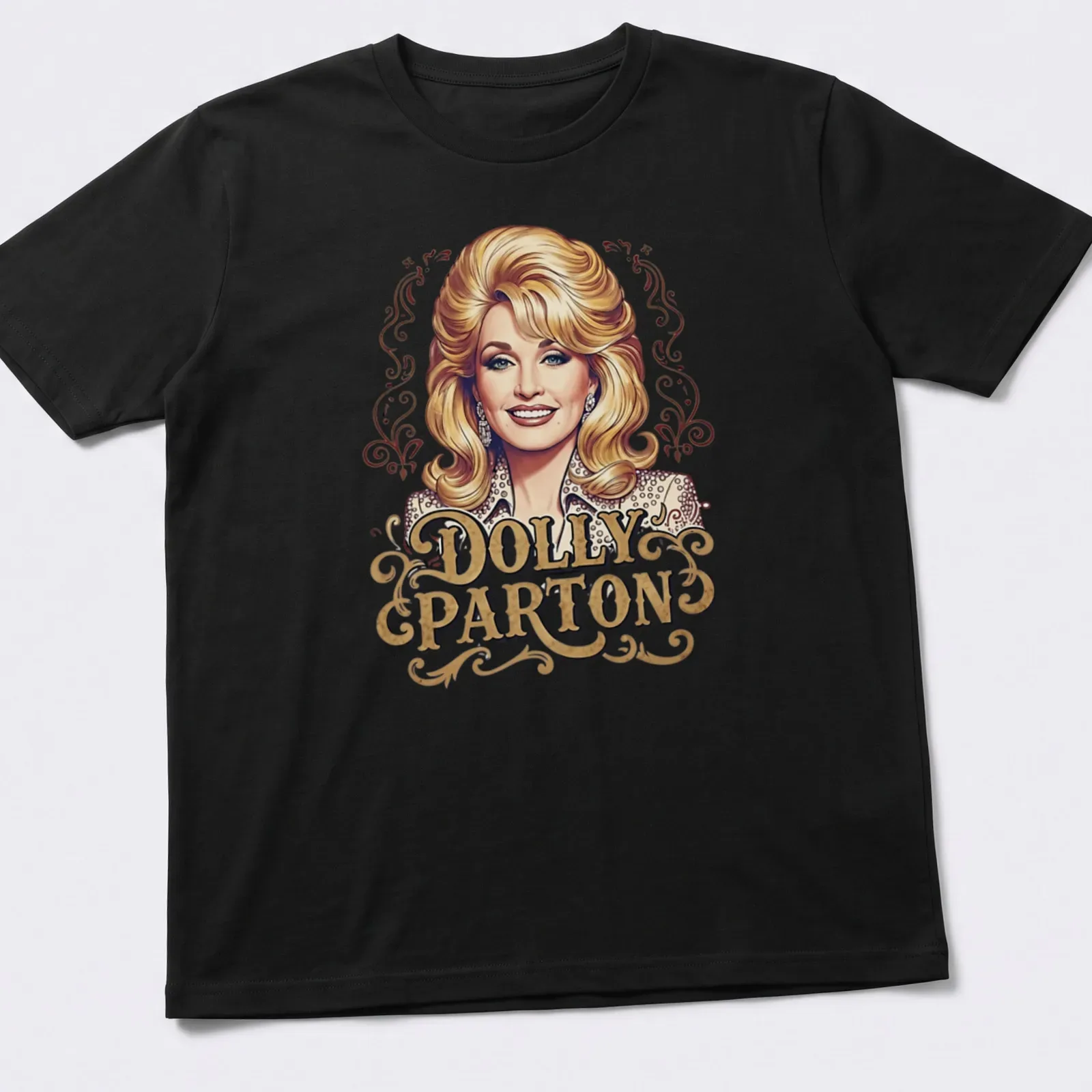 Elegant portrait of Dolly Parton with her name in stylish lettering — printed on a unisex t-shirt