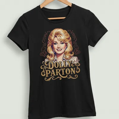 Elegant portrait of Dolly Parton with her name in stylish lettering — printed on a women's shirt