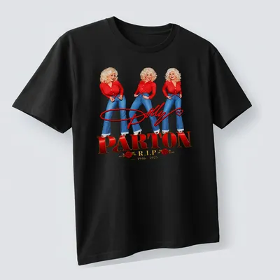 Vintage tribute shirt featuring Dolly Parton with her dates R.I.P. 1946-2025 — printed on a unisex t-shirt (angled view)