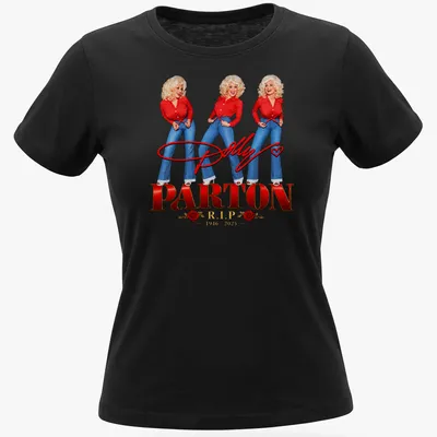 Vintage tribute shirt featuring Dolly Parton with her dates R.I.P. 1946-2025 — printed on a women's shirt