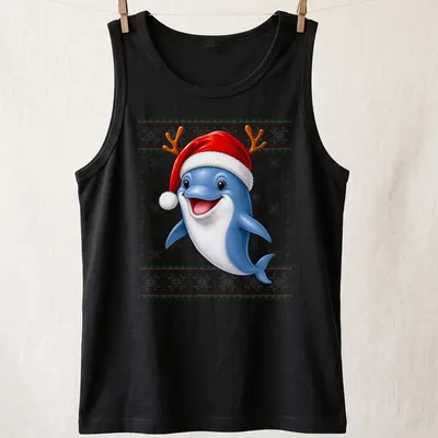Cartoon dolphin in a festive sweater on a Christmas — printed on a tank top