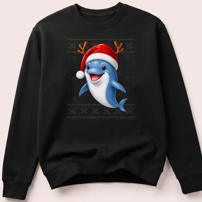 Cartoon dolphin in a festive sweater on a Christmas — printed on a unisex sweatshirt
