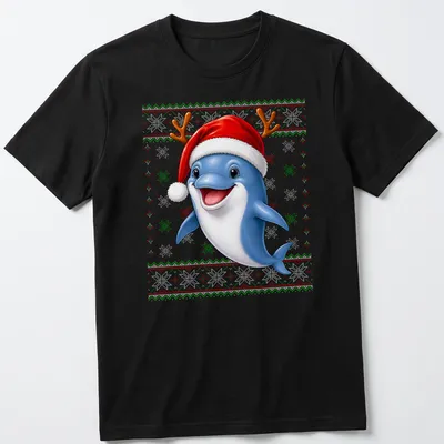 Cartoon dolphin in a festive sweater on a Christmas t-shirt